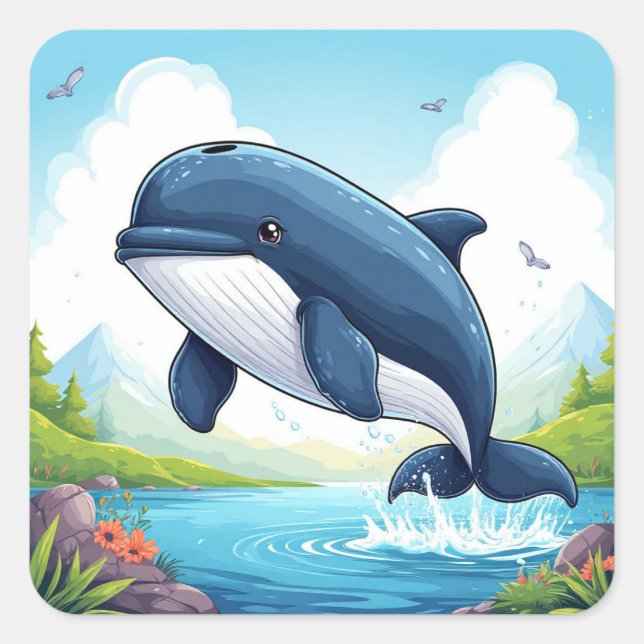 Cute Whale Jumping For Ocean Lovers Square Sticker (Front)