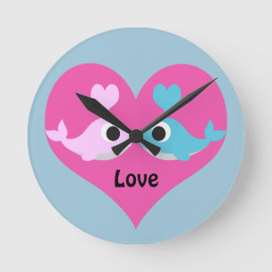 Cute Whale Love Round Clock