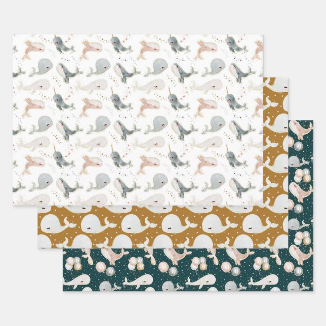 Cute Whale Ocean Party Birthday Baby Shower Gift Wrapping Paper Sheet (Set)