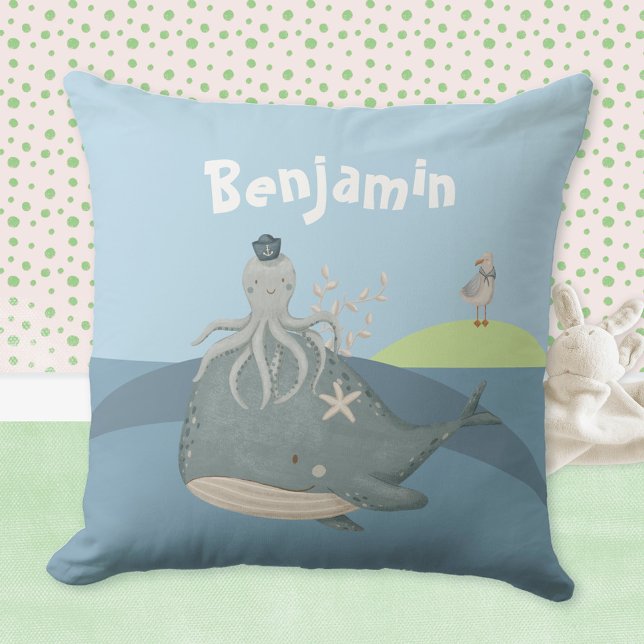 Cute Whale Octopus Seagull Kids Name Throw Pillow (Cute Whale Squid Seagull Kids Name Throw Pillow ©Susanne Sachers - Sunny Mind Design 🌞)