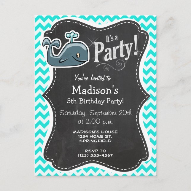 Cute Whale on Turquoise, Aqua Colour Chevron Invitation Postcard (Front)