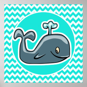 Cute Whale on Turquoise, Aqua Colour Chevron Poster