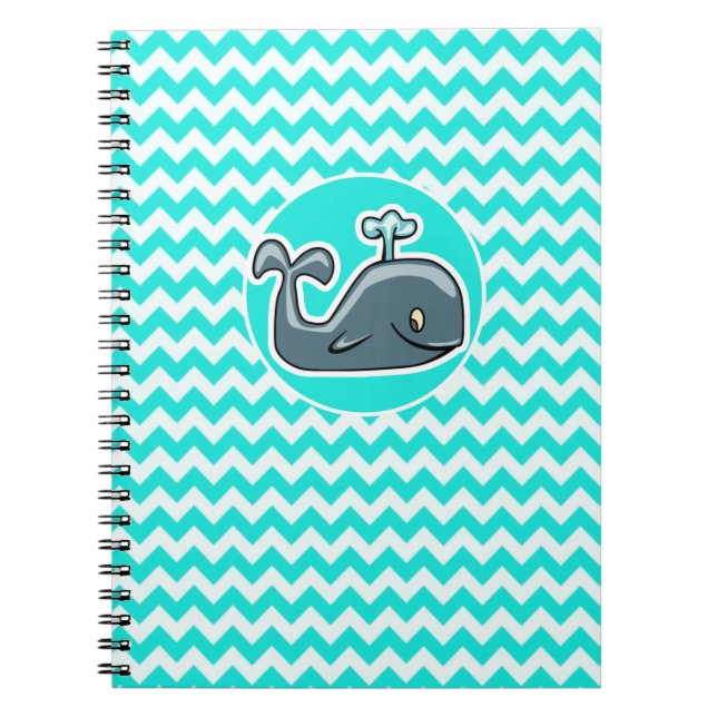 Cute Whale on Turquoise, Aqua Colour Chevron Spiral Notebook (Front)