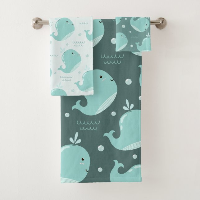Cute Whale Pattern on Teal Blue Kids Bathroom Bath Towel Set (Insitu)