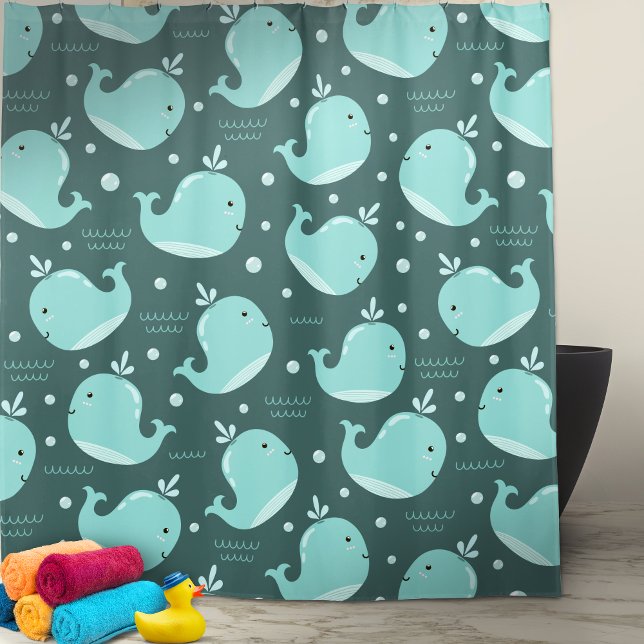 Cute Whale Pattern on Teal Blue Kids Bathroom Shower Curtain (Creator Uploaded)