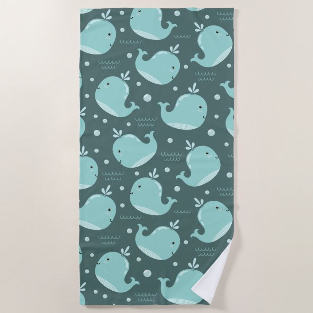 Cute Whale Pattern on Teal Blue Kids Beach Towel (Front)