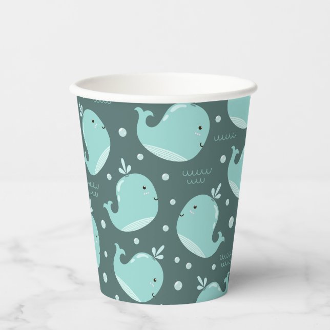 Cute Whale Pattern on Teal Blue Kids Birthday Paper Cups (Front)