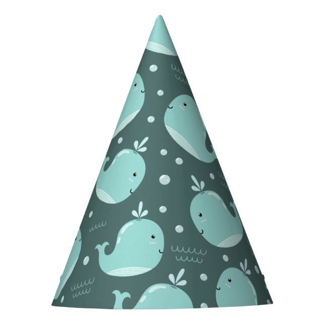 Cute Whale Pattern on Teal Blue Kids Birthday Party Hat (Front)