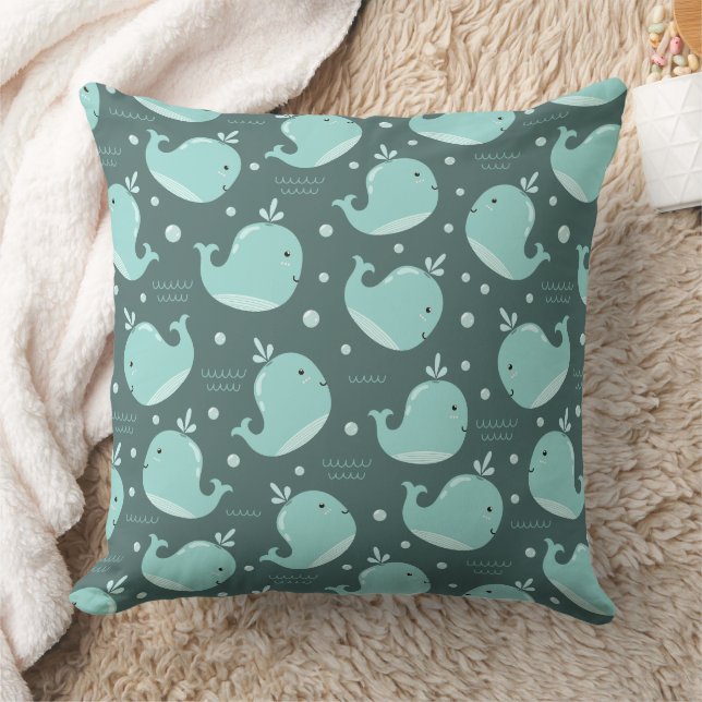Cute Whale Pattern on Teal Blue Kids Cushion (Blanket)