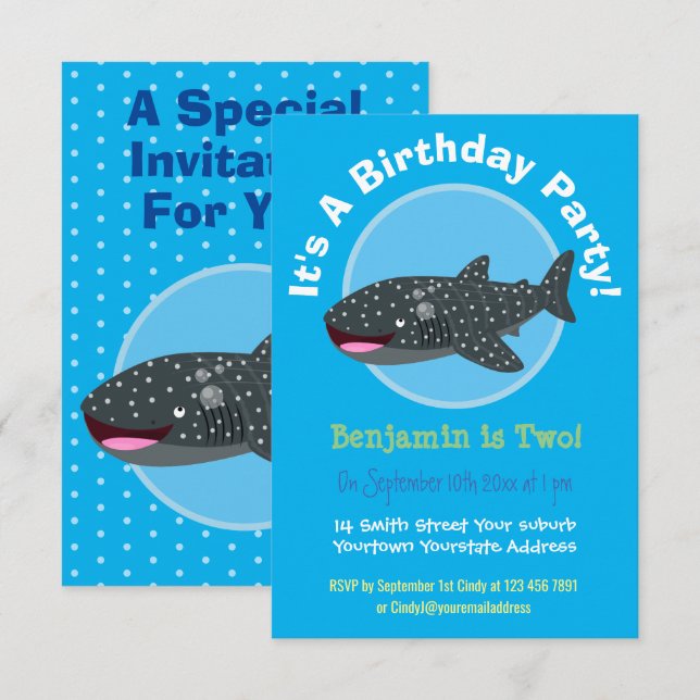 Cute whale shark happy cartoon illustration invita invitation (Front/Back)