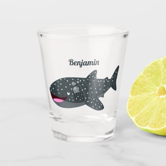 Cute whale shark happy cartoon illustration  shot glass (Front)
