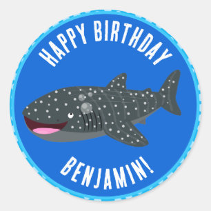 Cute whale shark personalised happy birthday  classic round sticker