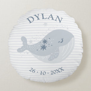 Cute Whale Stars Blue Baby Boy Birth Announcement Round Cushion