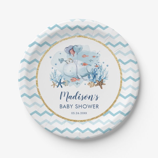 Cute Whale Under the Sea Nautical Baby Shower Paper Plate (Front)