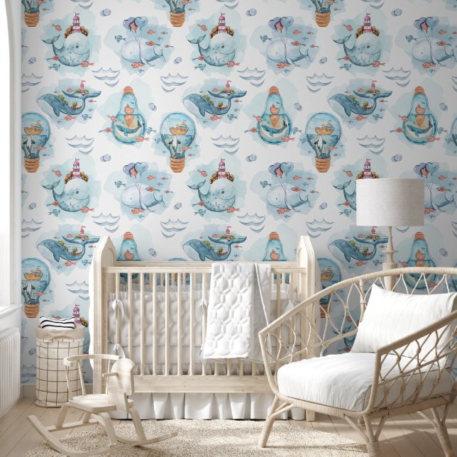 Cute Whale Watercolor Nautical Baby Nursery Wallpaper (Kids)