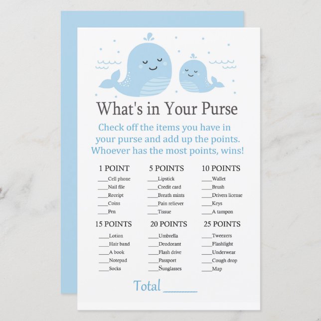 Cute Whale What's in your purse game (Front/Back)