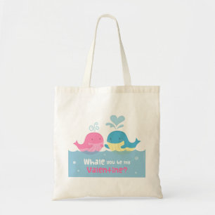 Cute Whale You Be Mine Pink and Blue Whale Tote Bag