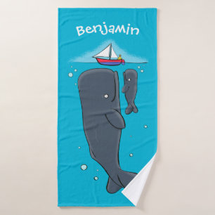 Cute whales and sailing boat cartoon illustration bath towel set