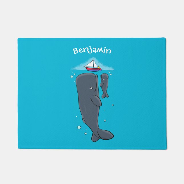 Cute whales and sailing boat cartoon illustration doormat (Front)