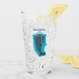 Cute whales and sailing boat cartoon illustration glass