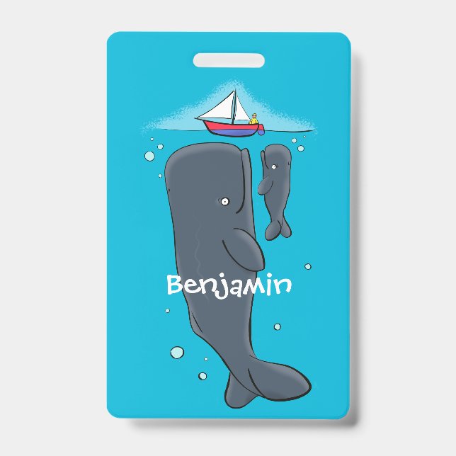 Cute whales and sailing boat cartoon illustration ID badge (Front)
