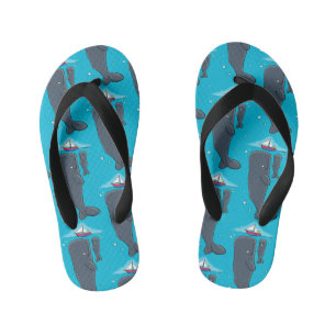 Cute whales and sailing boat cartoon illustration kid's jandals