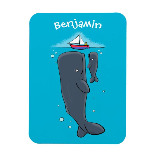 Cute whales and sailing boat cartoon illustration magnet (Vertical)