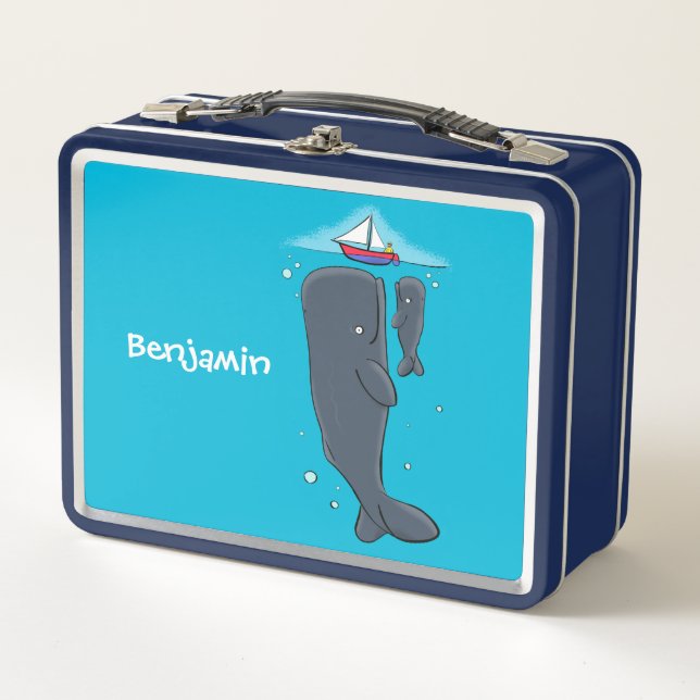 Cute whales and sailing boat cartoon illustration metal lunch box (Front)