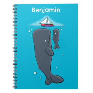 Cute whales and sailing boat cartoon illustration notebook