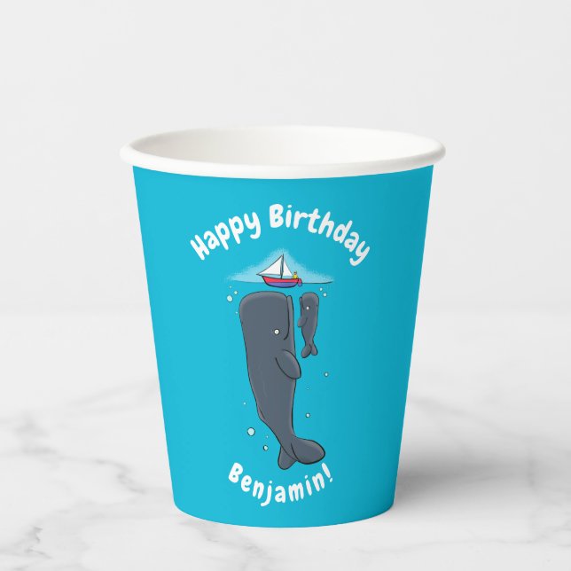 Cute whales and sailing boat cartoon illustration paper cups (Front)
