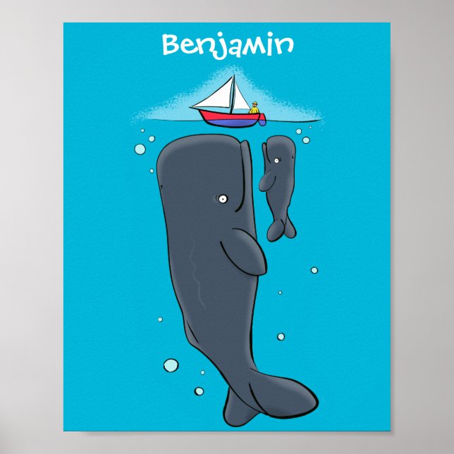 Cute whales and sailing boat cartoon illustration poster (Front)