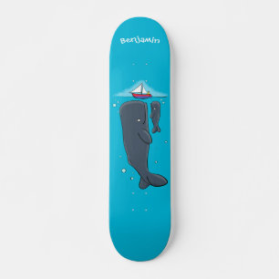 Cute whales and sailing boat cartoon illustration skateboard
