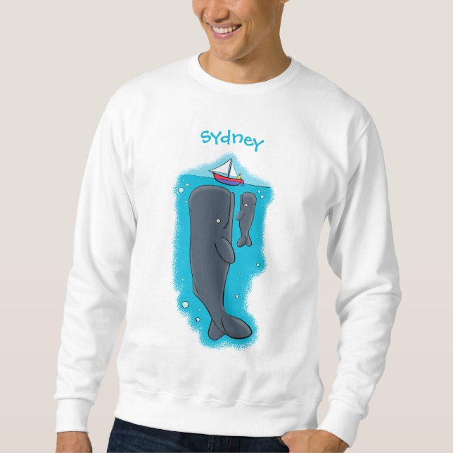 Cute whales and sailing boat cartoon illustration sweatshirt (Front)