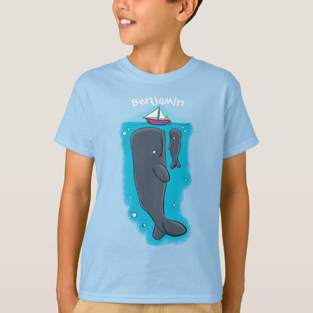 Cute whales and sailing boat cartoon illustration T-Shirt (Front)