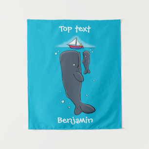 Cute whales and sailing boat cartoon illustration tapestry