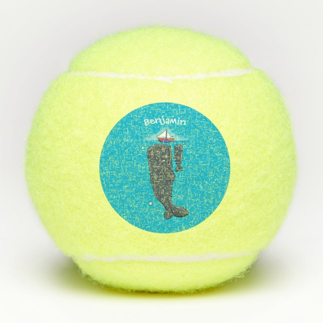 Cute whales and sailing boat cartoon illustration tennis balls (Front)