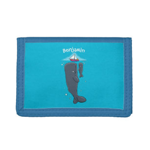 Cute whales and sailing boat cartoon illustration trifold wallet