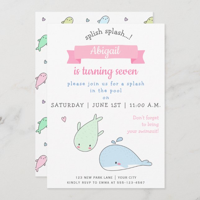 Cute Whales - Kids Birthday Pool Party Invitation (Front/Back)