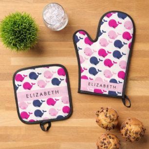 Cute Whales, Pattern Of Whales, Your Name Oven Mitt & Pot Holder Set