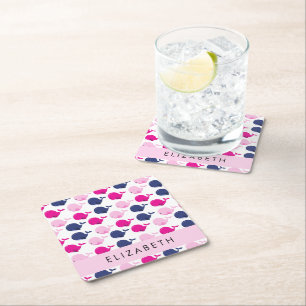 Cute Whales, Pattern Of Whales, Your Name Square Paper Coaster