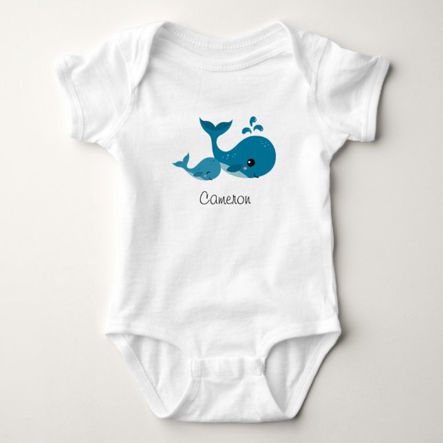 Cute whales personalised name baby bodysuit (Front)