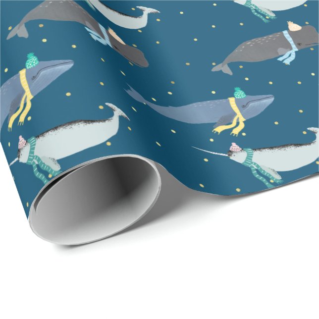 Cute Whales Scarves Winter Birthday Kids Blue Wrapping Paper (Roll Corner)