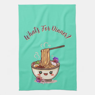 Cute "What's For Dinner?" Mint Green Ramen Bowl Tea Towel