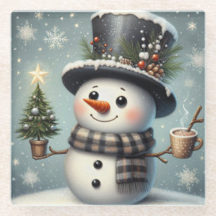 Cute whimiscal Christmas/winter snowman Glass Coaster