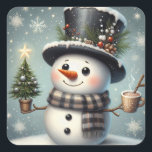 Cute whimiscal Christmas/winter snowman Square Sticker<br><div class="desc">cute</div>