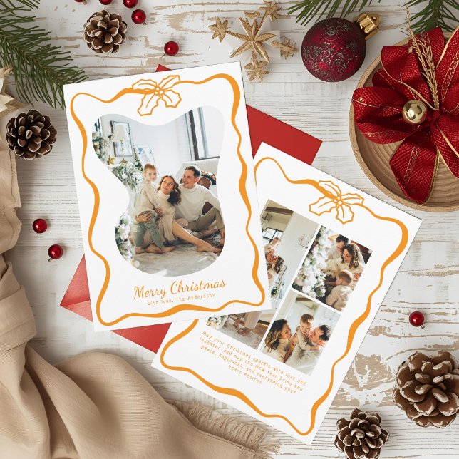 Cute Whimsical 4 Photo Doodle Poinsettia Christmas Holiday Card (Creator Uploaded)