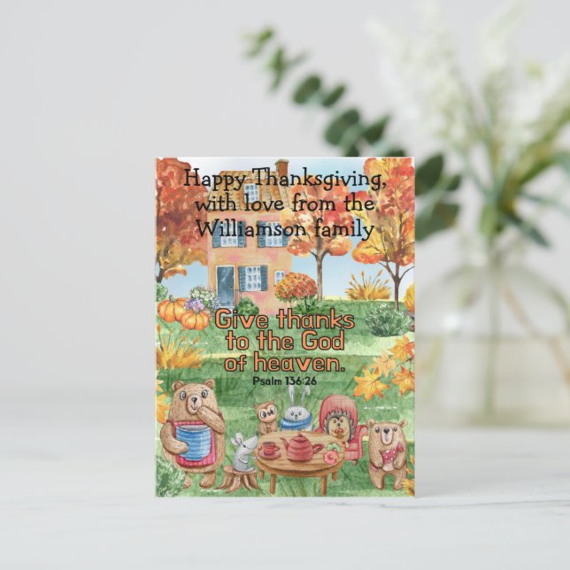 Cute Whimsical Animals Give Thanks Scripture Kids  Postcard (Standing Front)