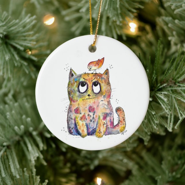 Cute Whimsical Annoyed Cat Ceramic Tree Decoration (Tree)