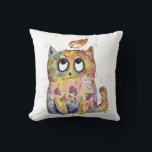 Cute Whimsical Annoyed Cat Cushion<br><div class="desc">This is an original mixed media painting of a whimsical annoyed cat with a bird on his head.</div>