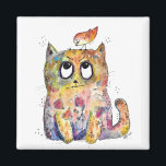 Cute Whimsical Annoyed Cat Magnet<br><div class="desc">This is an original mixed media painting of a whimsical annoyed cat with a bird on his head.</div>